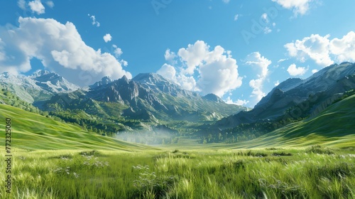 A wide and beautiful expanse of grassland with a backdrop of bright cloudy mountains. Generative Ai