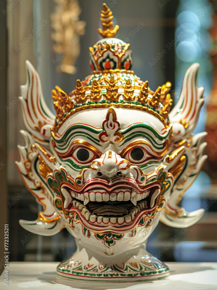 A gold and green mask with a white base. The mask has a demonic appearance and is decorated with gold and green