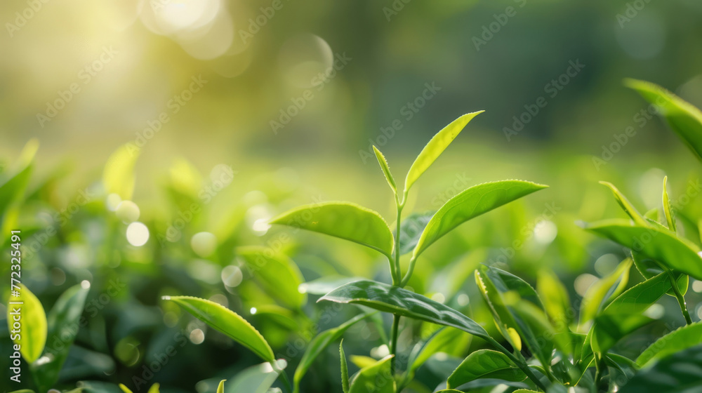 Antioxidant-rich green tea extract for skin protection, serene nature scene blurred behind Antioxidant-rich green tea extract for skin protection, serene nature scene blurred behind