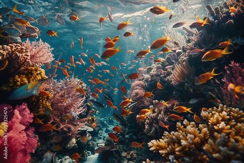 A mesmerizing snapshot capturing the intricate dance of exotic fish species amidst coral reefs in a thriving ocean ecosystem