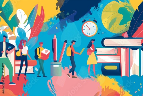Back to school colorful contemporary modern art poster cartoon illustration