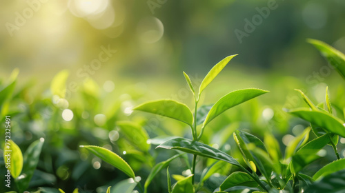 Antioxidant-rich green tea extract for skin protection, serene nature scene blurred behind