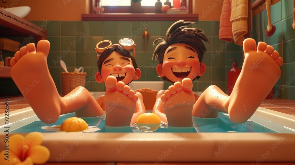 Invigorating foot soak in a cartoon animation style, featuring characters with exaggerated expressions of bliss - obrazy, fototapety, plakaty 