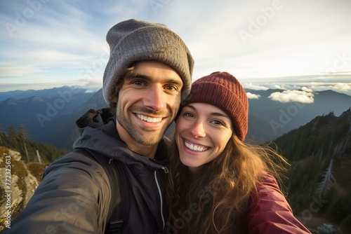 Romantic Selfie couple mountains. Vacation adventure. Generate Ai