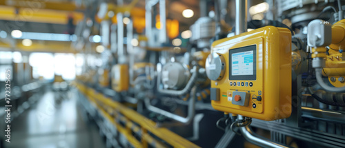 Safety monitoring sensors on equipment, factory environment blurred