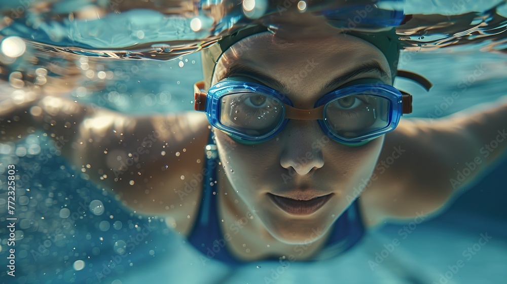 Portrait of a female swimmer in a swimsuit and underwater goggles in a pool underwater. Swimming competition