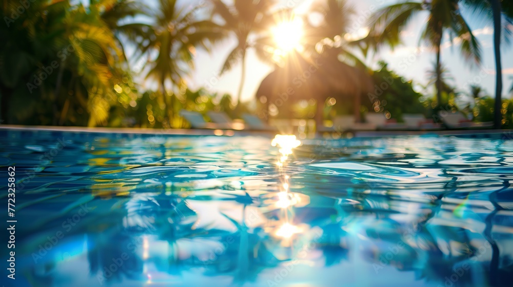 Swimming pool and palm trees at a seaside resort in the tropics. Summer ...