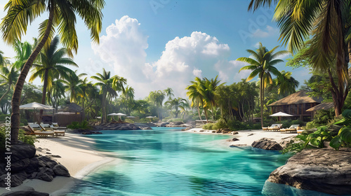 Uma composição de praia de beleza natural, enquadrada por palmeiras no primeiro plano