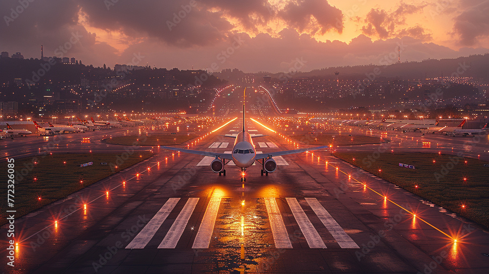 An airplane is landing on a runway at the airport in beautiful sunset light. - obrazy, fototapety, plakaty 