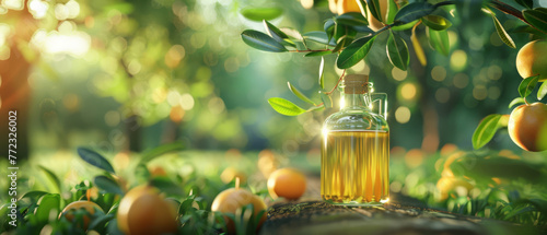 3D rendering of avocado oil richness, emphasizing skin nutrition, with an orchard blurred