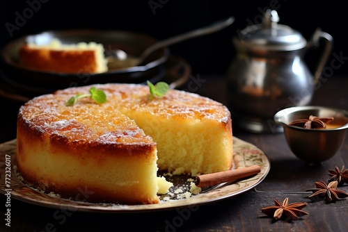 Golden Semolina cake honey spoon oriental. Pie baked table muslim food. Generate Ai