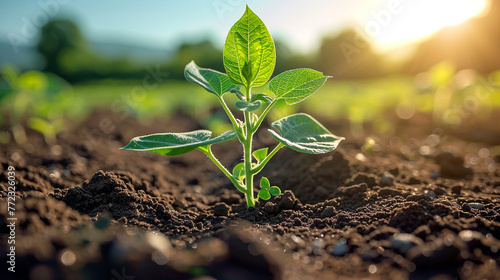Soybean plant shows the root inside the soil.
