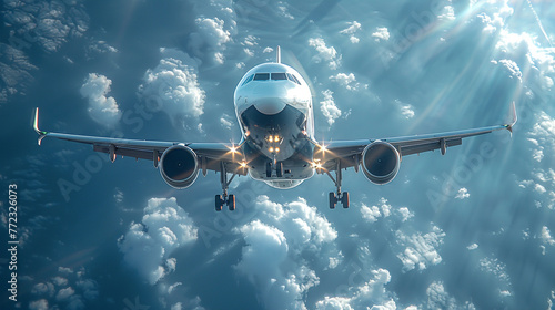 An airplane is flying through a bright blue sky.