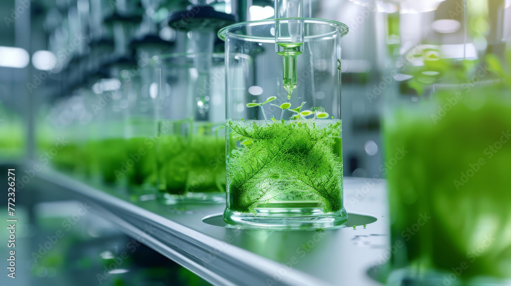 Algae biofuel research in a laboratory, bioenergy innovation, lab equipment softly blurred Algae biofuel research in a laboratory, bioenergy innovation, lab equipment softly blurred