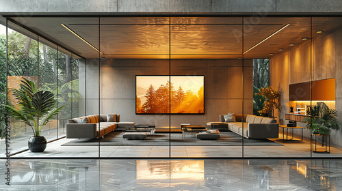 A modern meeting room with glass walls, sleek furniture, and a large photo frame. photo