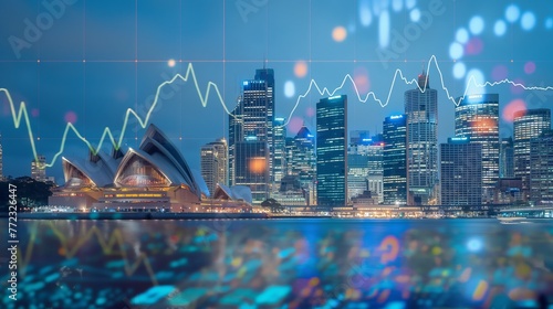 Australia business skyline with stock exchange trading chart double exposure, trading stock market digital concept	
 photo