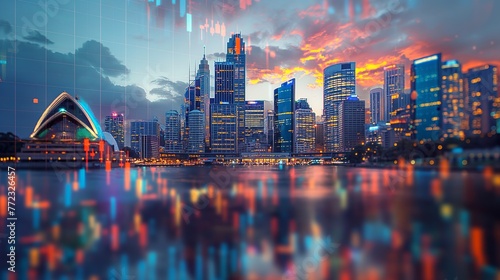 Australia business skyline with stock exchange trading chart double exposure, trading stock market digital concept	
