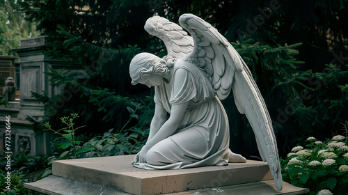 Sculpture of a sad and crying mourning angel. A symbol of grief and sadness from loss.