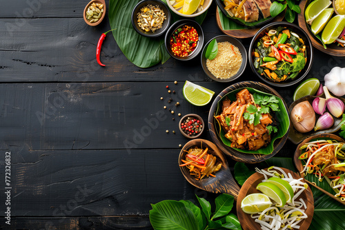 Top view of Thai foods with copy space for text. Food background. Generative AI.