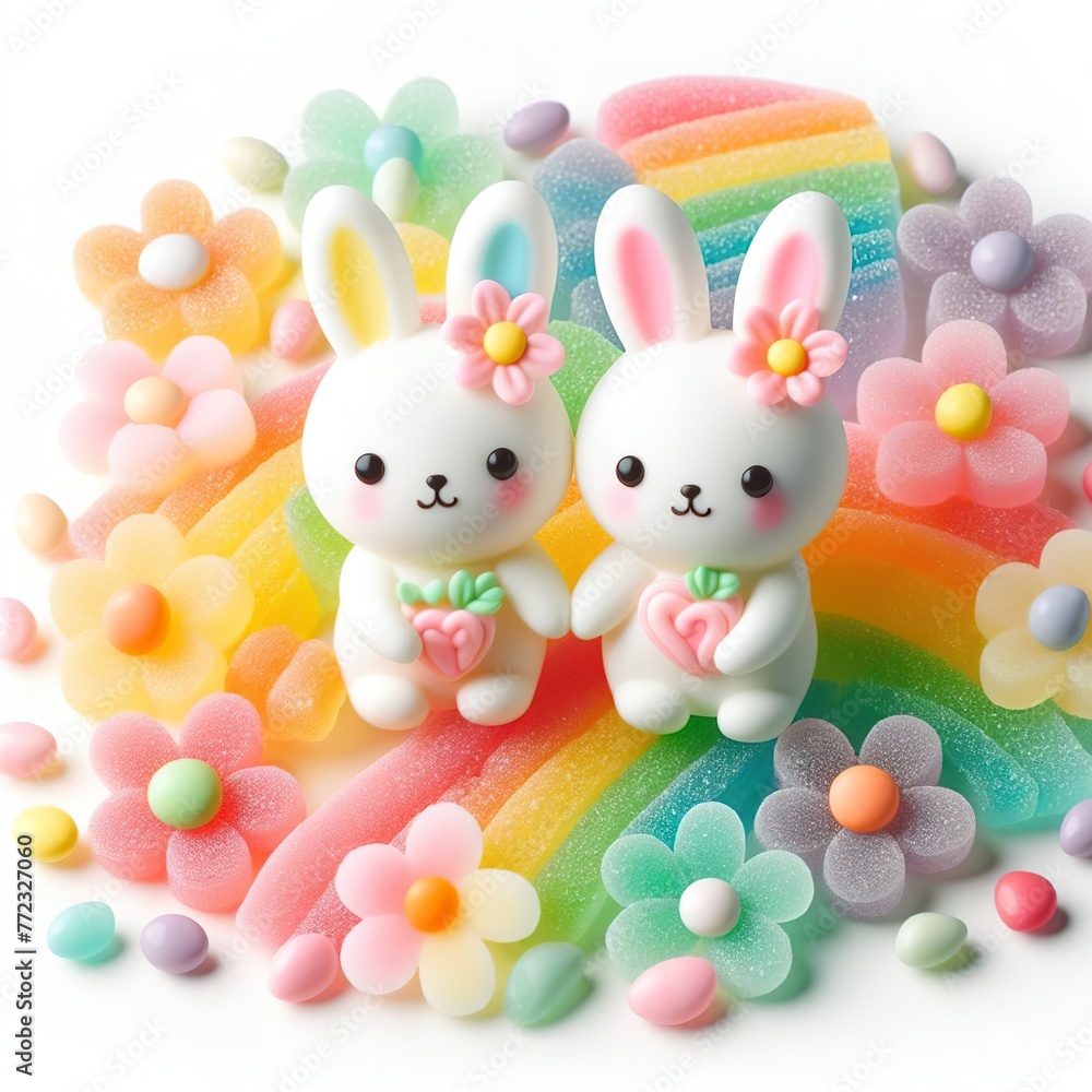 a cute couple bunny with flowers made of pastel color rainbow gummy candy on a white background a cute couple bunny with flowers made of pastel color rainbow gummy candy on a white background