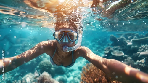 Woman with mask snorkeling in clear water over vivid coral reef photo