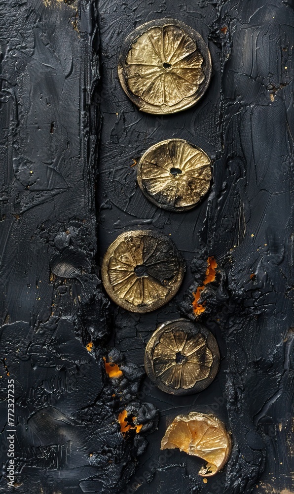 An abstract art piece featuring burnt citrus slices on a textured black background