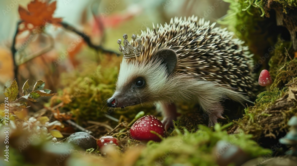 Fototapeta premium curious hedgehog wearing a tiny crown, exploring a fairy tale garden filled with miniature wonders