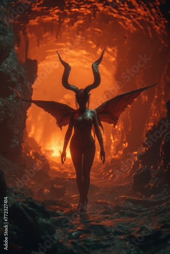 devil woman with horns and wings in fire cave
