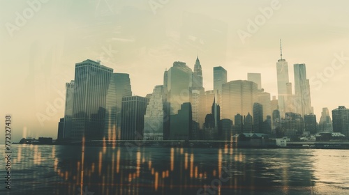 New York business skyline with stock exchange trading chart double exposure, trading stock market digital concept 
