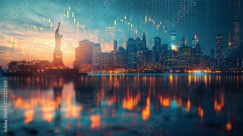 New York business skyline with stock exchange trading chart double exposure, Liberty Statue, trading stock market digital concept 