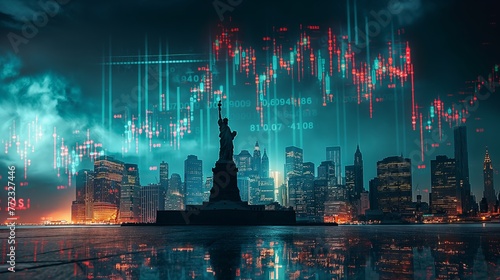 New York business skyline with stock exchange trading chart double exposure, Liberty Statue, trading stock market digital concept	
