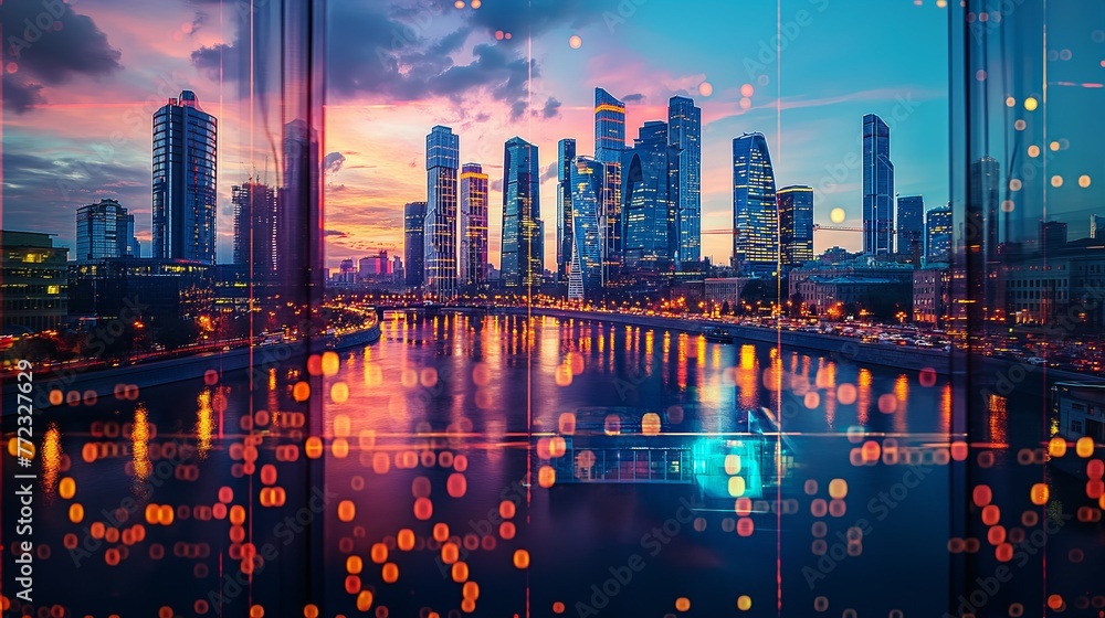 Moscow city business skyline with stock exchange trading chart double exposure, trading stock market digital concept	