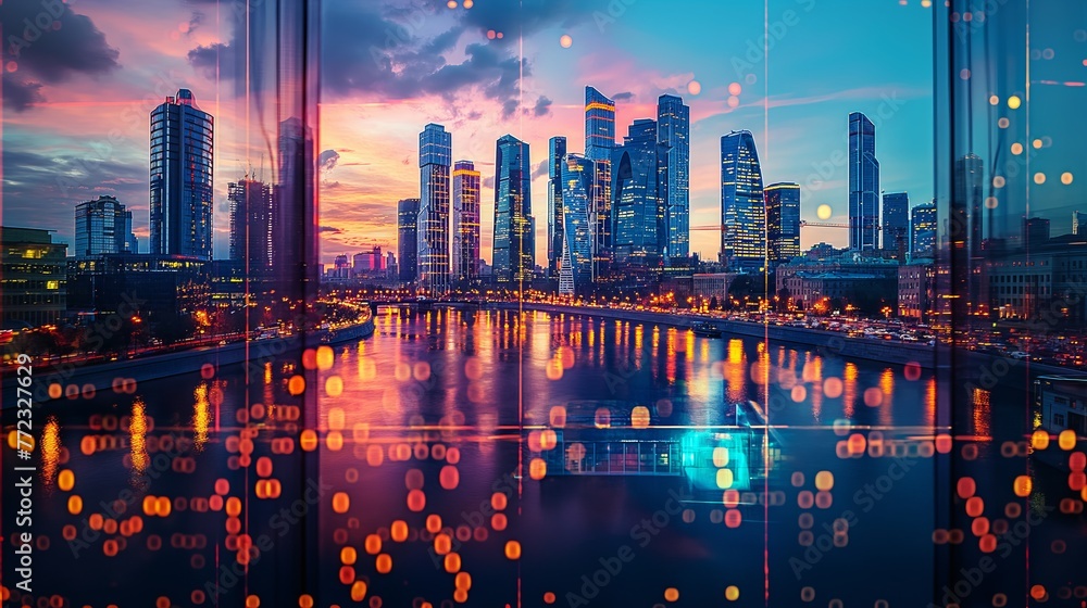 Moscow city business skyline with stock exchange trading chart double exposure, trading stock market digital concept Moscow city business skyline with stock exchange trading chart double exposure, trading stock market digital concept
