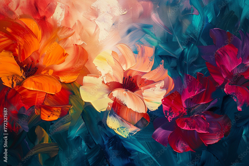 An oil painting of flowers. backdrop of abstract art. vibrant flowers. An oil painting of flowers. backdrop of abstract art. vibrant flowers.