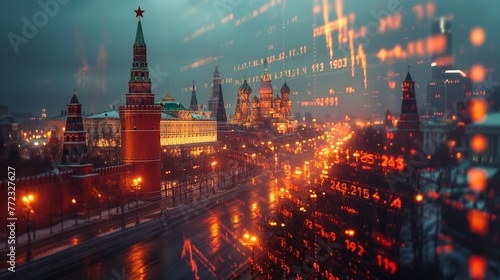 Moscow Russia Kremlin red square skyline with stock exchange trading chart double exposure with Russian flag, trading stock market digital concept	