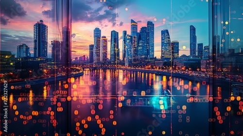 Moscow city business skyline with stock exchange trading chart double exposure, trading stock market digital concept 