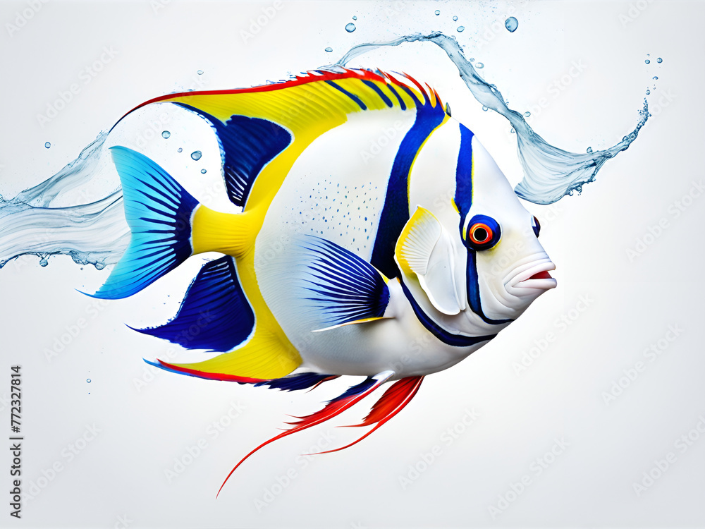 Naklejka premium Colorful Young Emperor Angel Fish swimming in a colorful background, illustrated by hand with tropical fish in the sea