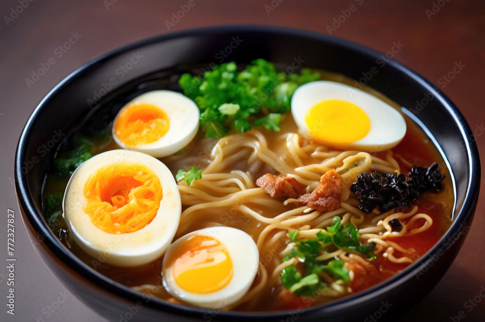 The photo shows appetizing ramen with a perfectly cooked egg in savory broth: tender noodles immersed in flavorful broth, garnished with a beautifully boiled egg, offering a satisfying dish. The photo shows appetizing ramen with a perfectly cooked egg in savory broth: tender noodles immersed in flavorful broth, garnished with a beautifully boiled egg, offering a satisfying dish.