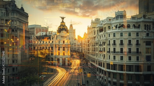 Spain Madrid business skyline with stock exchange trading chart double exposure, Europe trading stock market digital concept	
 photo