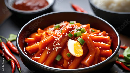 The photo shows tokpokki with egg and green onions: chewy rice cakes in spicy sauce, topped with a cooked egg and fresh green onions, creating a flavorful ensemble. photo