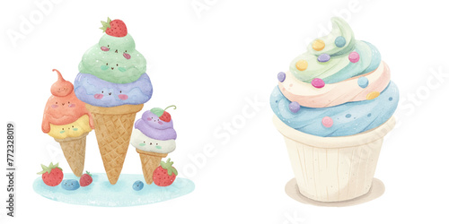 cute ice cream watercolour vector illustration 