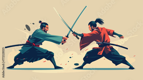 Japanese samurai fighting with sword vector illustration