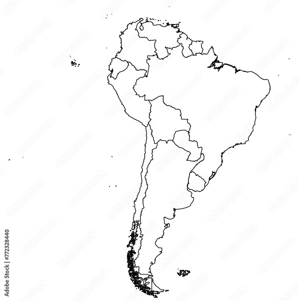 Outline of the map of South America Continent with regions