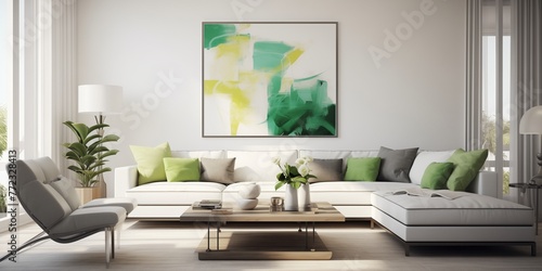 Clean lines and vibrant green accents against a backdrop of crisp white walls in a modern Transitional interior.