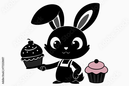 Cartoon easter Kawaii bunny with big eyes and long eyelashes as a cook and he cooking cupcake, silhouette black vector illustration photo