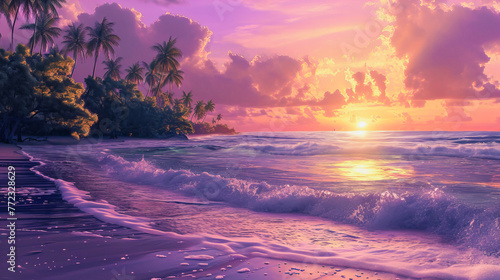 Uma clássica imagem de praia no estilo lo-fi, com tons de cores fortes, uma ilustração carregada de um lindo tom