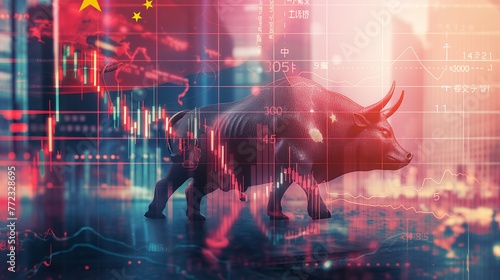A bull with a financial chart and China flag with business skyline double exposure, Asia trading stock market illustration