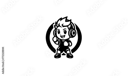 kid wearing headset mascot character in black and white