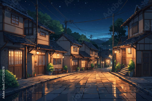 Streets in quiet villages without people at night. In anime style photo