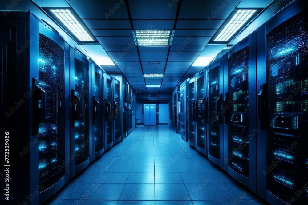 Modern Server blue room. Cloud ai centre. Generate Ai Modern Server blue room. Cloud ai centre. Generate Ai
